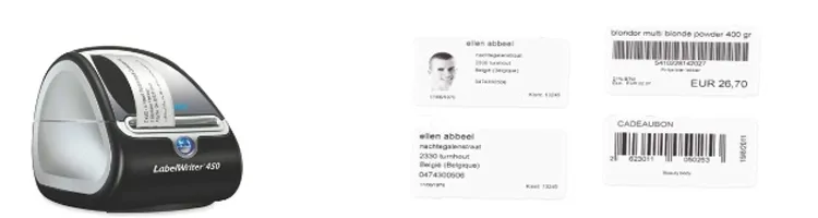 Een Dymo-labelprinter die labels afdrukt vanuit Salonworld