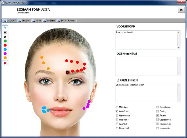 Het beautyformulier van Salonworld met een gezichtssilhouet om aanduidingen op te maken